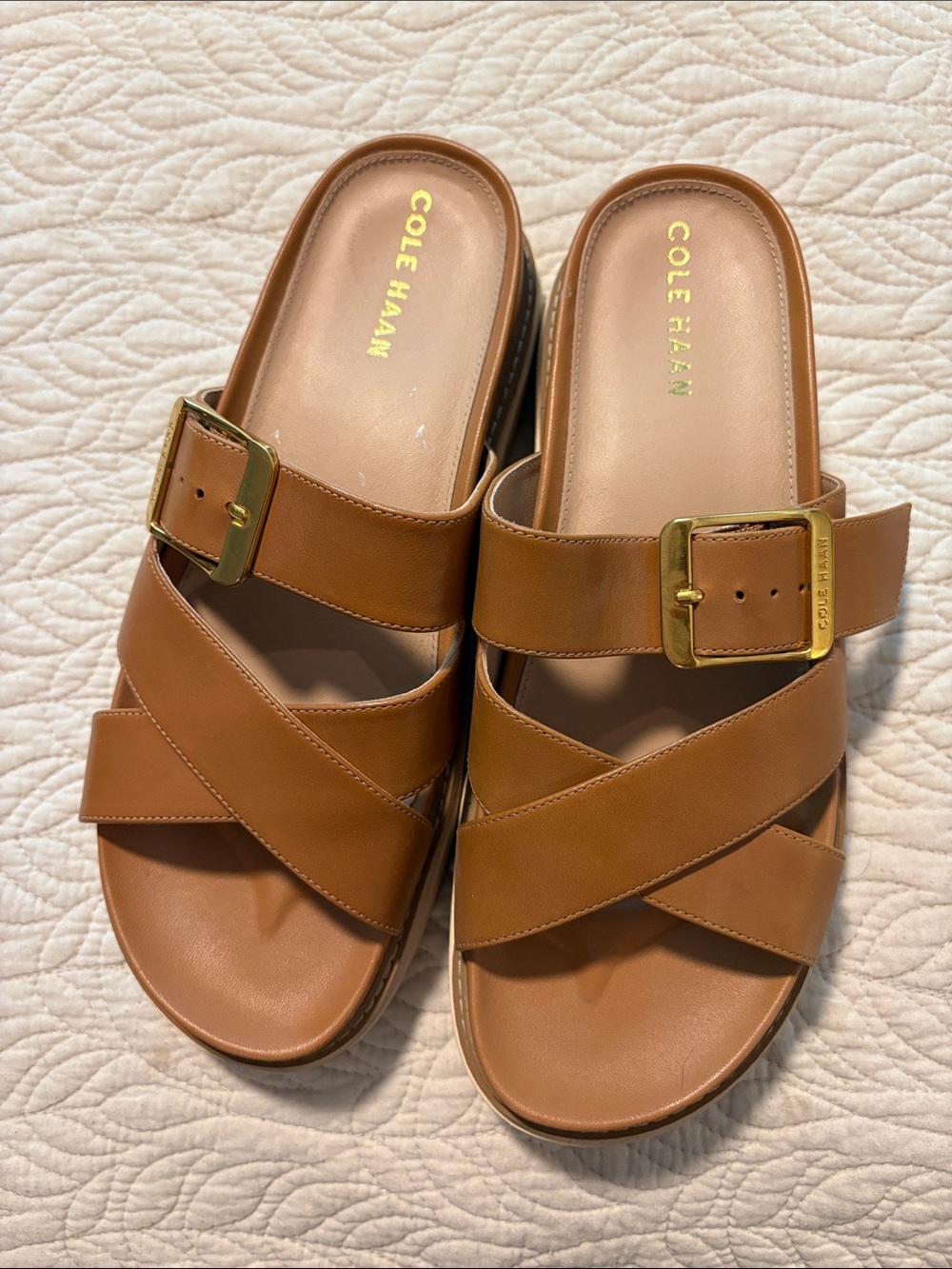 Cole Haan Tan Leather Buckle Crossover Slide Mules
